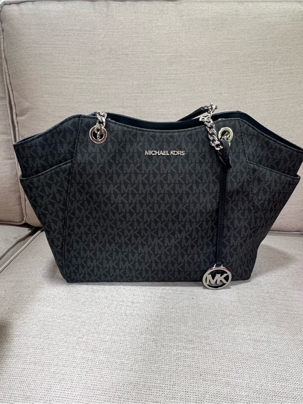 MICHAEL KORS Black MK Signature Chain-Handle Tote